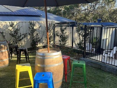 Party hire wine barrels, stools , umbrellas