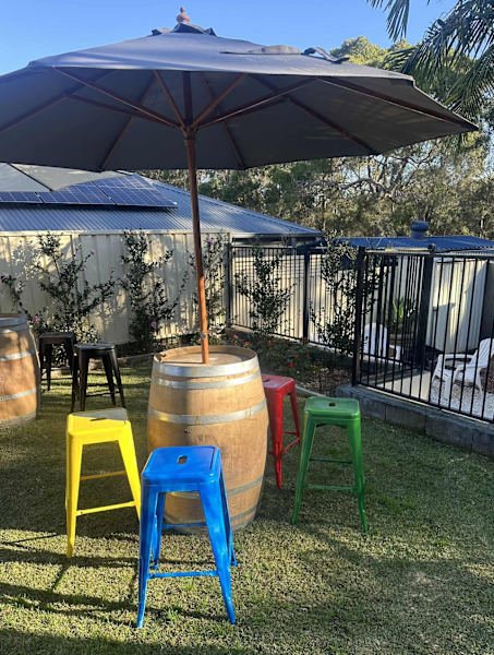 Party hire wine barrels, stools , umbrellas