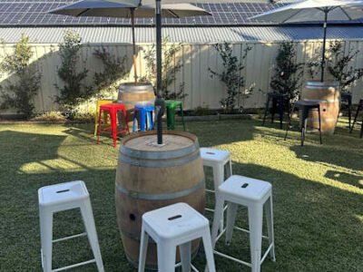 Party hire wine barrels, stools , umbrellas