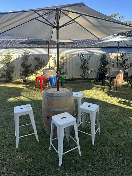 Party hire wine barrels, stools , umbrellas