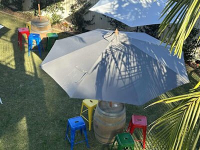 Party hire wine barrels, stools , umbrellas