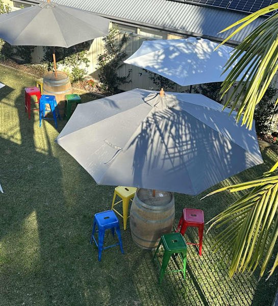 Party hire wine barrels, stools , umbrellas