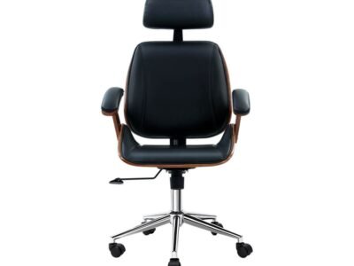 Wooden Office Chair Leather Seat Black