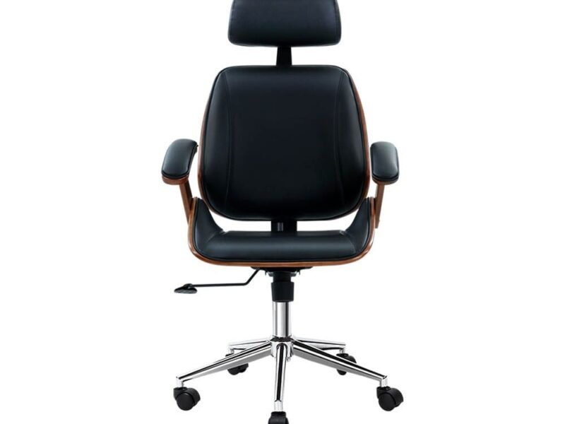 Wooden Office Chair Leather Seat Black
