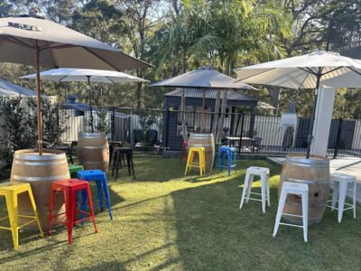 Party hire wine barrels, stools , umbrellas