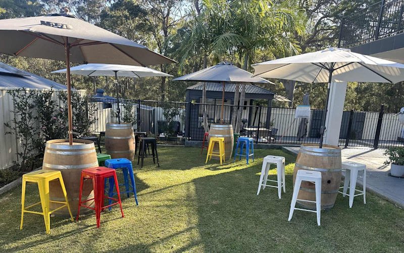 Party hire wine barrels, stools , umbrellas