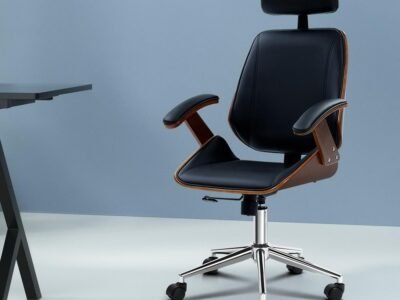 Wooden Office Chair Leather Seat Black