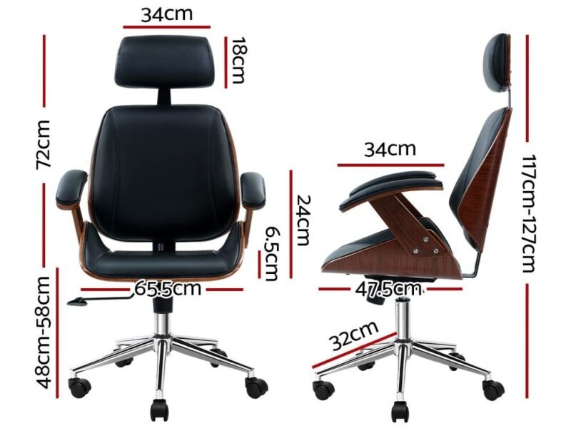 Wooden Office Chair Leather Seat Black