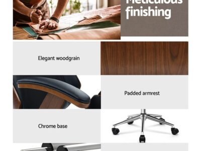 Wooden Office Chair Leather Seat Black