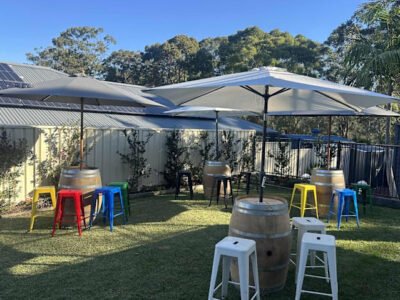 Party hire wine barrels, stools , umbrellas