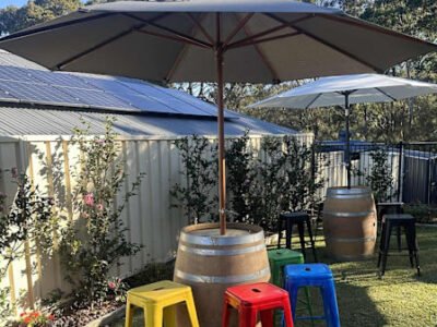 Party hire wine barrels, stools , umbrellas