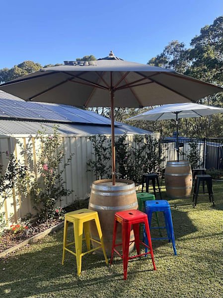 Party hire wine barrels, stools , umbrellas