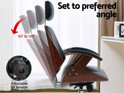 Wooden Office Chair Leather Seat Black