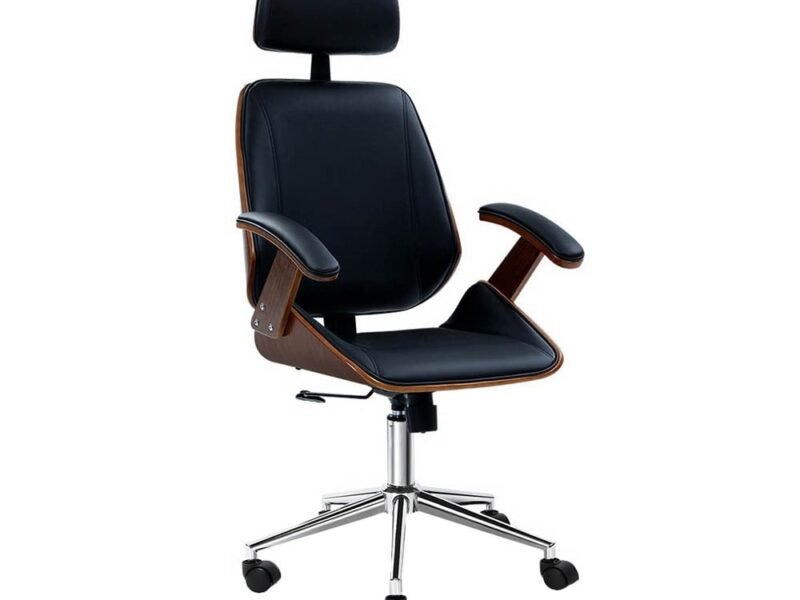 Wooden Office Chair Leather Seat Black