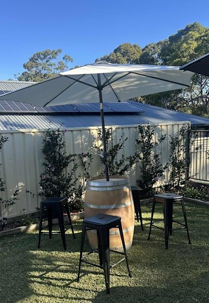 Party hire wine barrels, stools , umbrellas